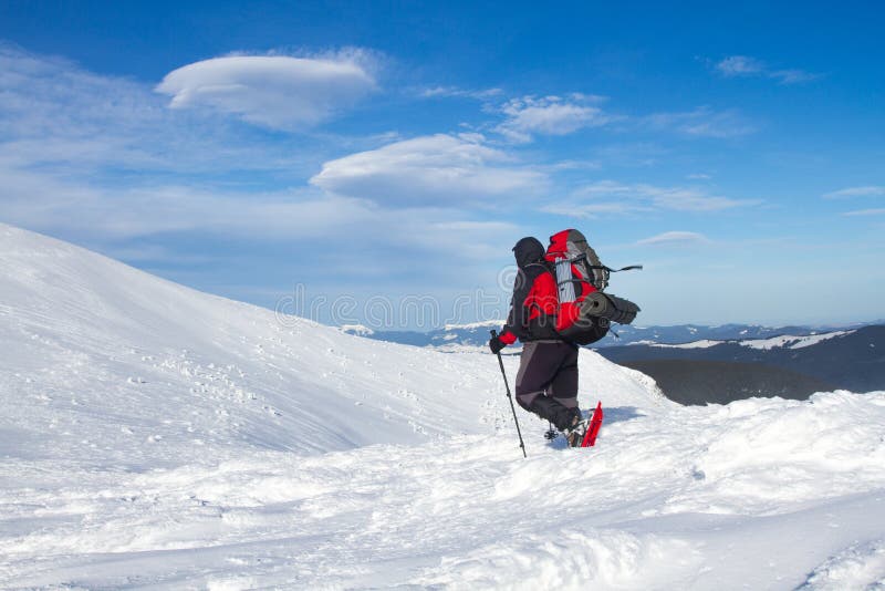 Winter hiking in the mountains on snowshoes with a backpack and tent. Winter trekking. Backpack snowshoeing stock images, royalty-free photos and pictures