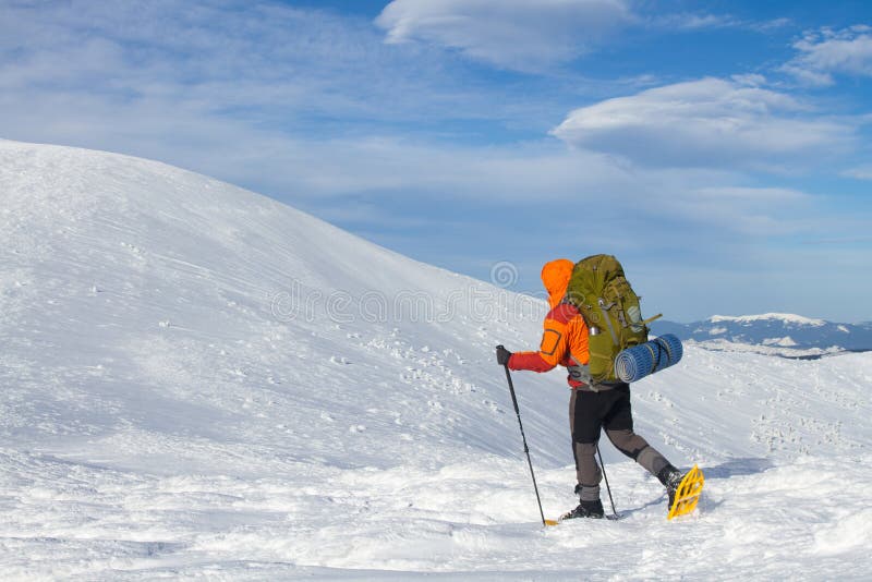 Winter hiking in the mountains on snowshoes with a backpack and tent. Winter trekking. Backpack snowshoeing stock images, royalty-free photos and pictures