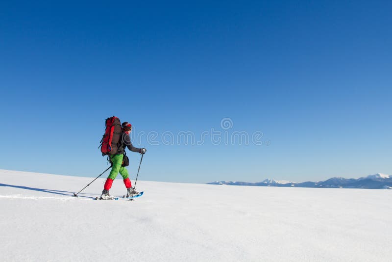 Winter hiking in the mountains on snowshoes with a backpack and tent. Backpack snowshoeing stock images, royalty-free photos and pictures