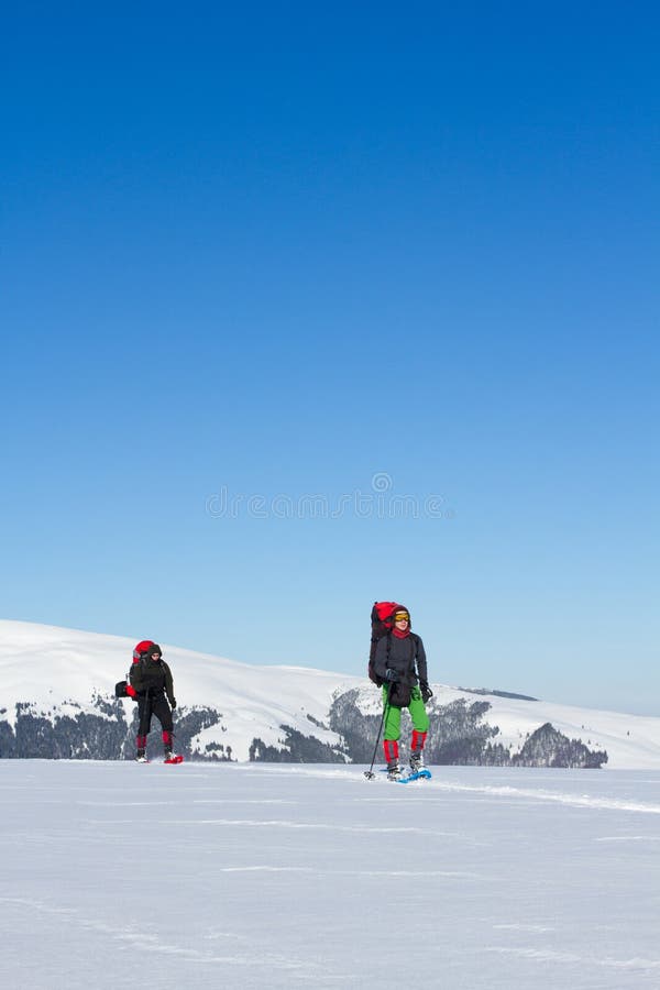 Winter hiking in the mountains on snowshoes with a backpack and tent. Backpack snowshoeing stock images, royalty-free photos and pictures