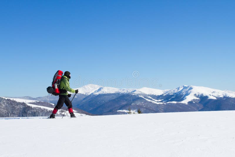 Winter hiking in the mountains on snowshoes with a backpack and tent. Backpack snowshoeing stock images, royalty-free photos and pictures