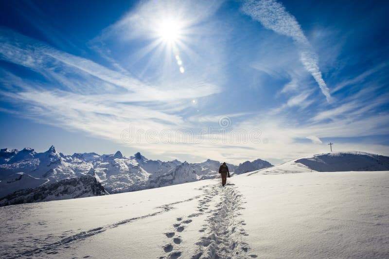 Winter hiking in the Swiss Alps stock photos