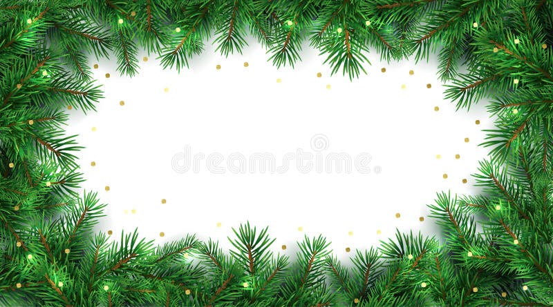 Winter holiday background. Border with Christmas tree branches and gold glitter confetti decoration stock illustration Winter holiday background. Border with Christmas tree branches and gold glitter confetti decoration stock illustration