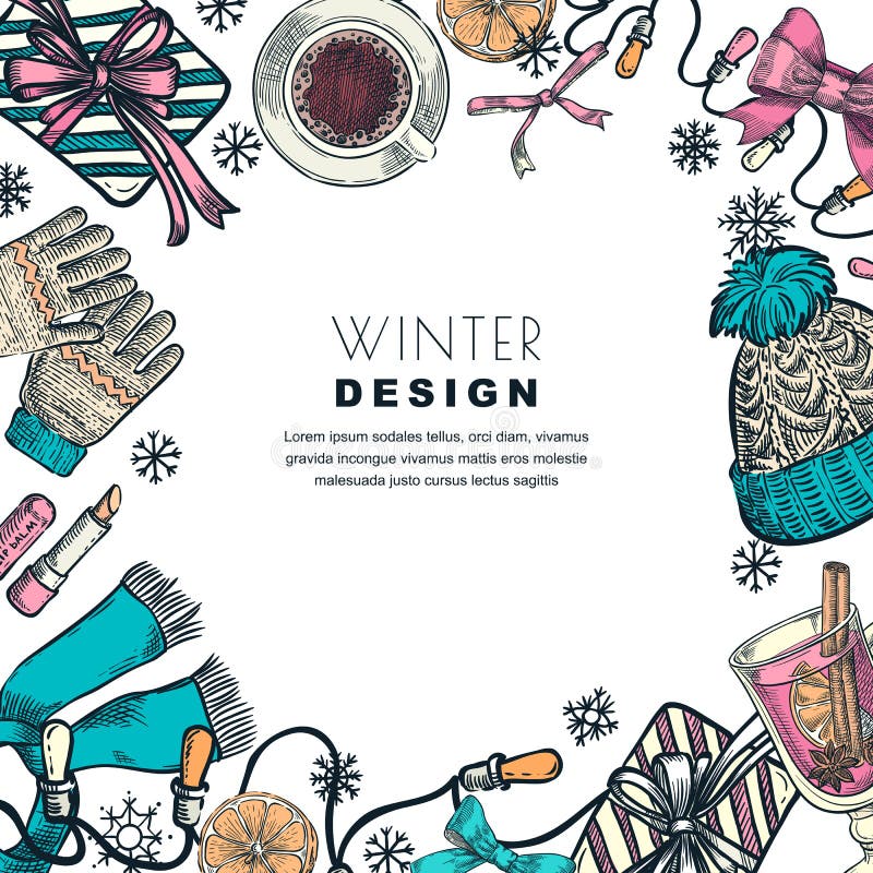 Winter holiday frame. Vector color sketch illustration. Banner or poster design template stock illustration Winter holiday frame. Vector color sketch illustration. Banner or poster design template stock illustration