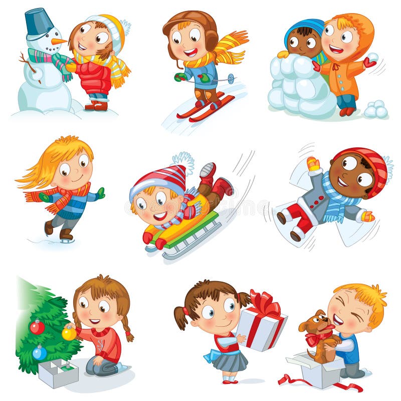 Winter holidays. Little girl sculpts snowman, skating, skiing, sledding, dresses up Christmas tree, boy received a gift of a puppy, makes a snow angel, children playing in snowballs, vector set