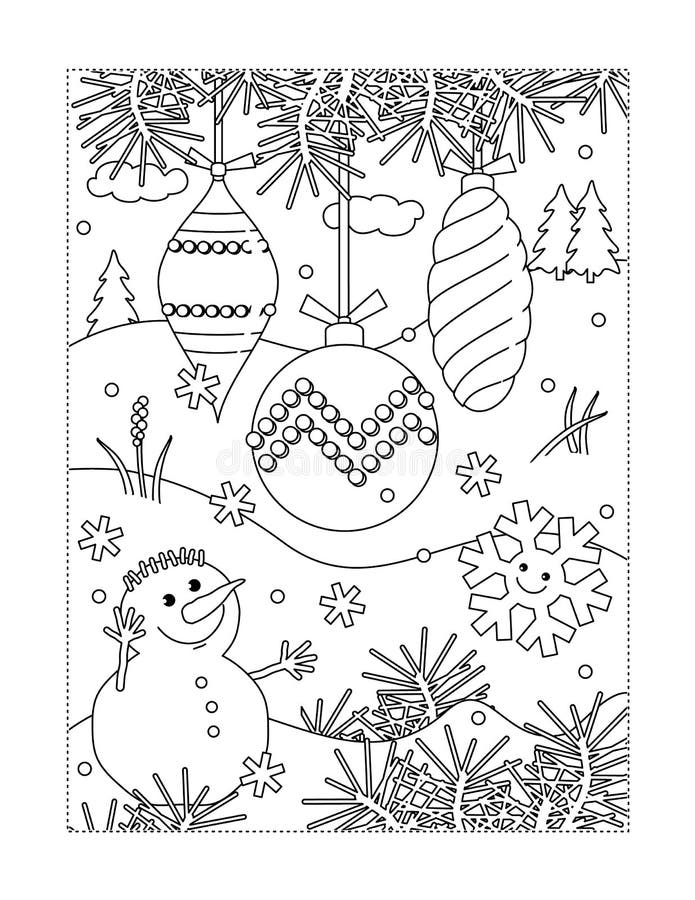 Coloring Page With Christmas Tree Ornaments And Snowman Stock Vector Illustration Of Book Pages 131644122