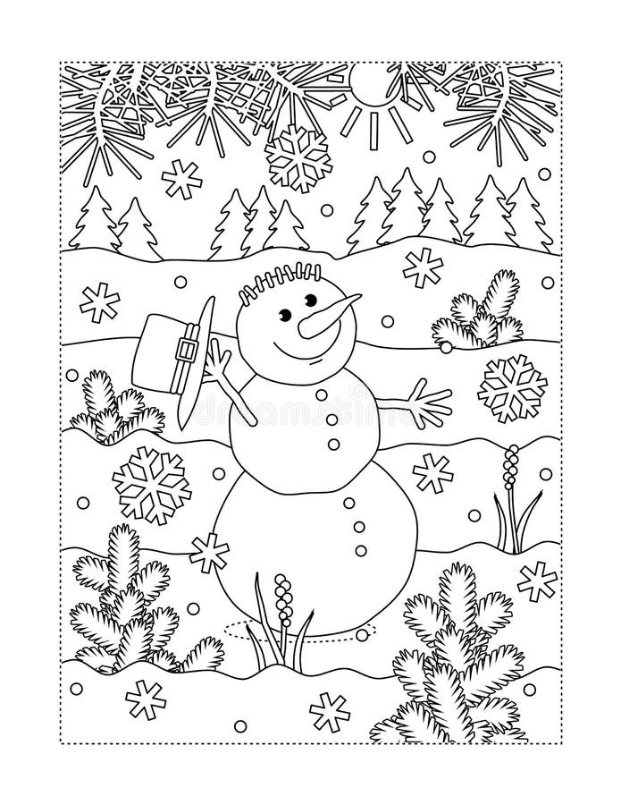 Winter holidays joy themed coloring page with happy cheerful snowman walking outdoorn. Winter holidays joy themed coloring page with happy cheerful snowman walking outdoorn