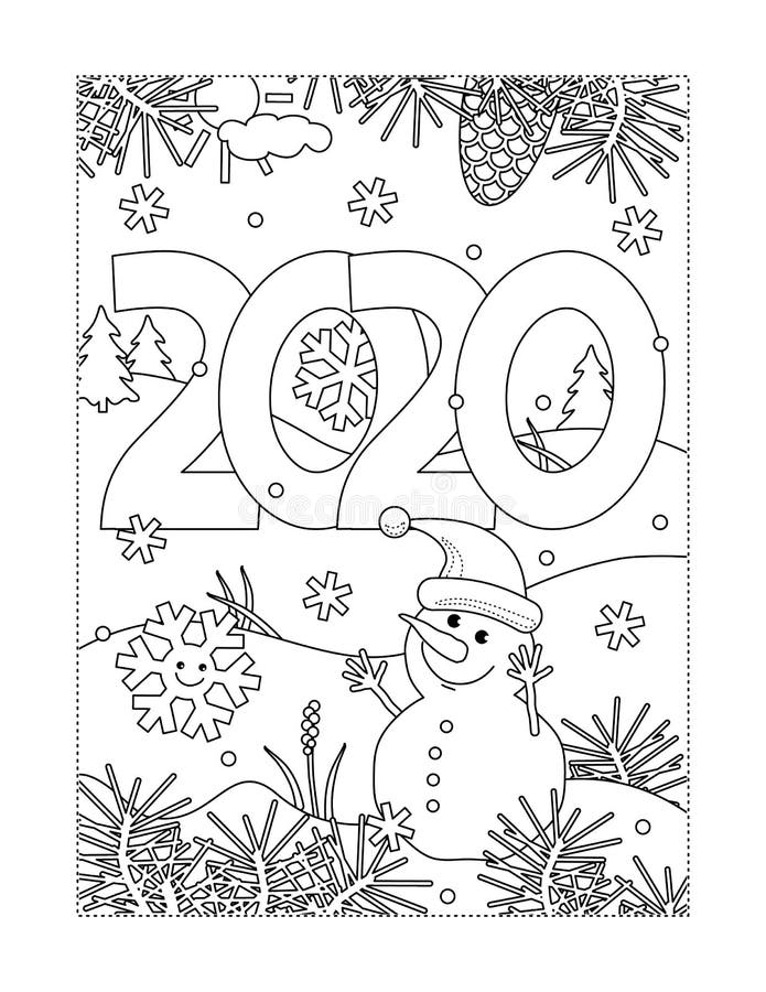 coloring page with year 2020 heading stock vector