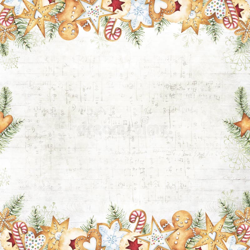 Winter holidays square digital scrapbook paper, frame with white wood and music sheet background, watercolor Christmas gingerbread