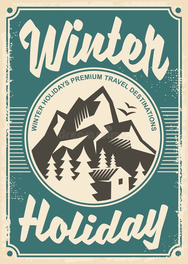 Winter holidays travel destinations, retro poster design