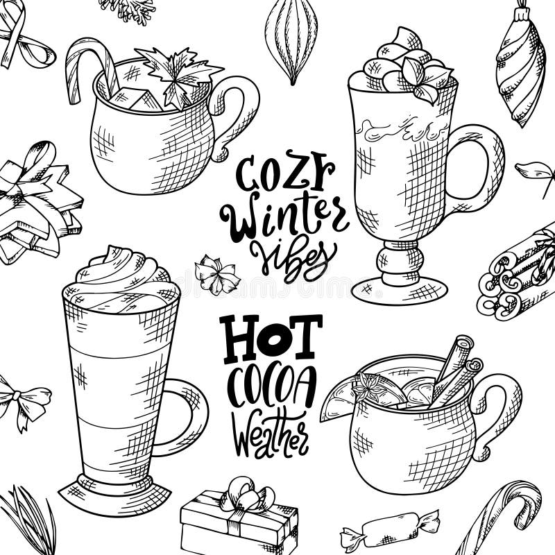 Hand drawn hot winter drinks. Printable Christmas stickers