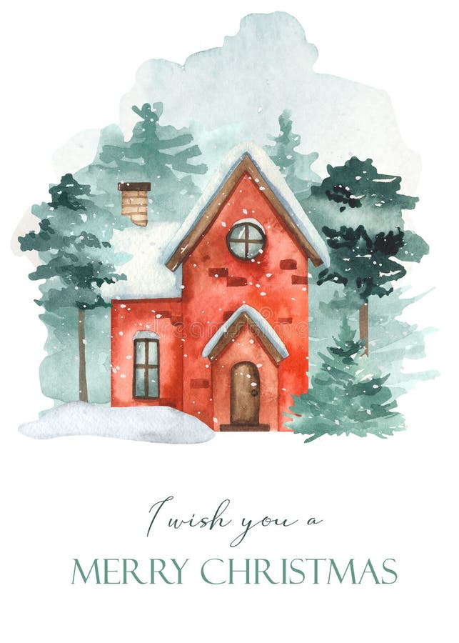 Winter house and forest I wish you a Merry Christmas. Watercolor hand drawn card