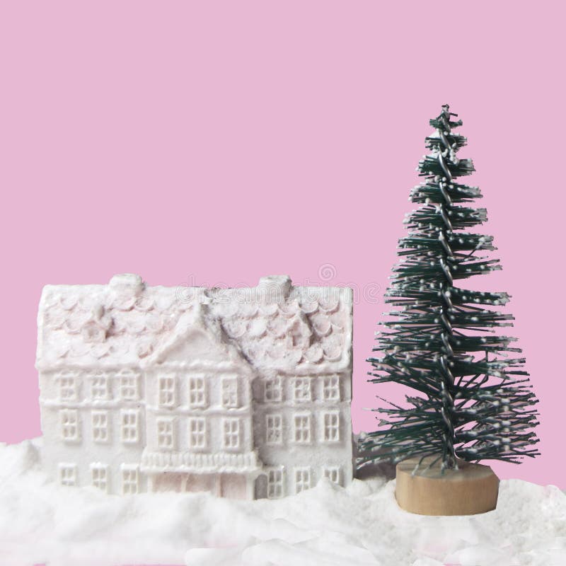 Winter house miniature with spruce tree. Christmas, New year holiday concept photo