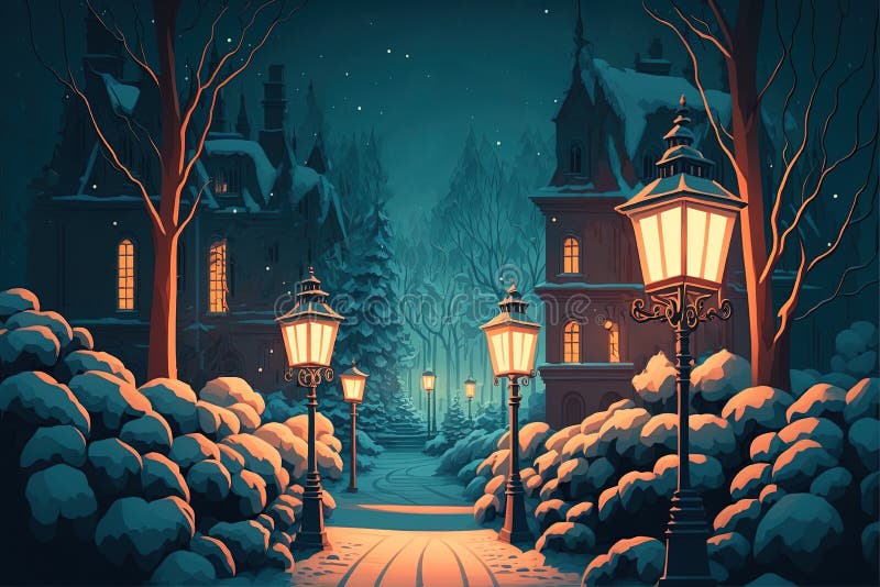 Winter illustration with cozy houses. Christmas night. Park road with lanterns. Generative AI