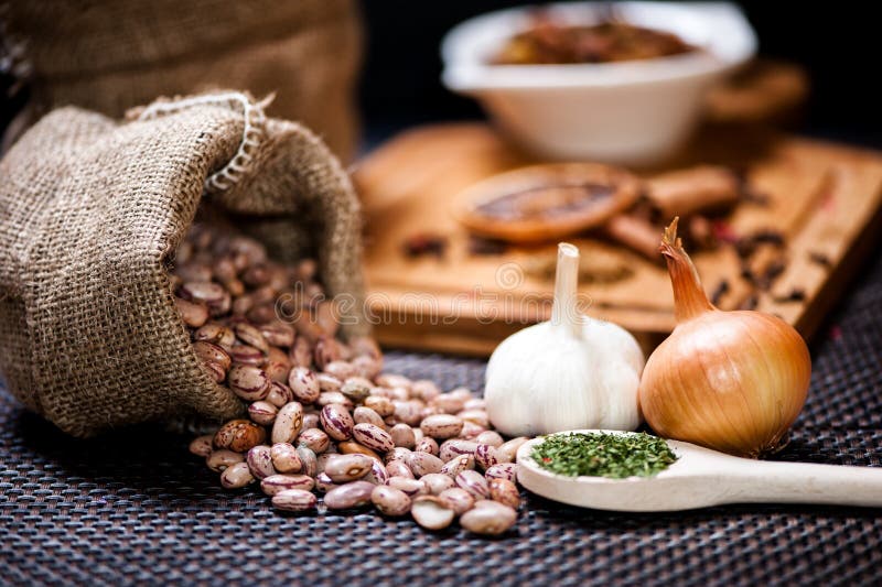 Winter Ingredients Such As Bean Seeds, Onions and Garlic Stock Photo ...