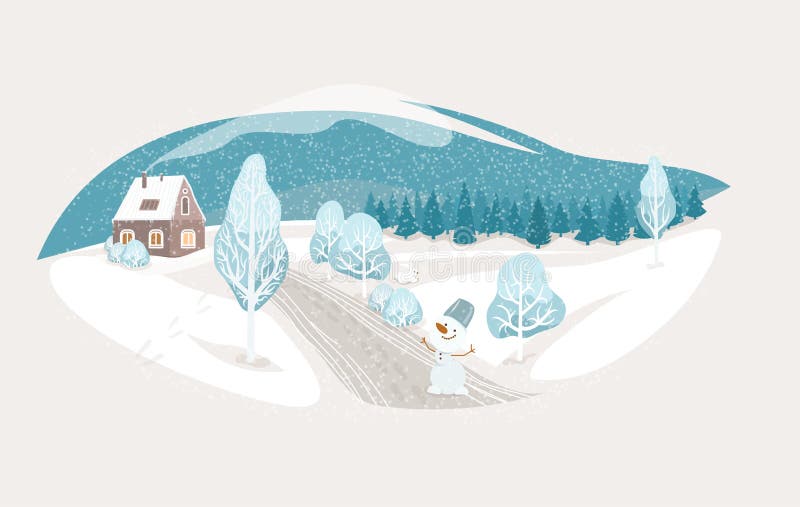 Winter isolated landscape vector background. Nature rustic scene with cute house, fir tree, road, snowman, hill. North