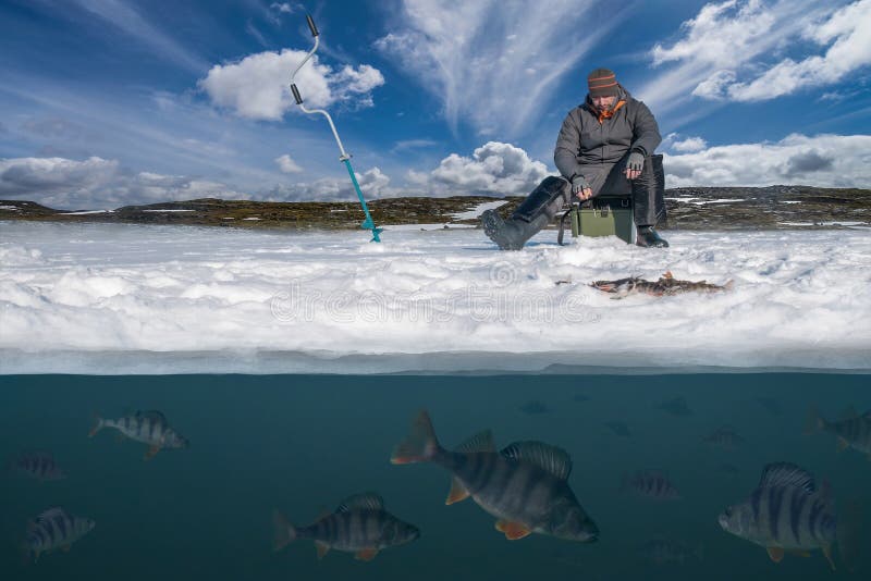 Winter Konzept fischend Fischer in der Aktion Fangende Stange f stockbild Winter Konzept fischend Fischer in der Aktion Fangende Stange f stockbild