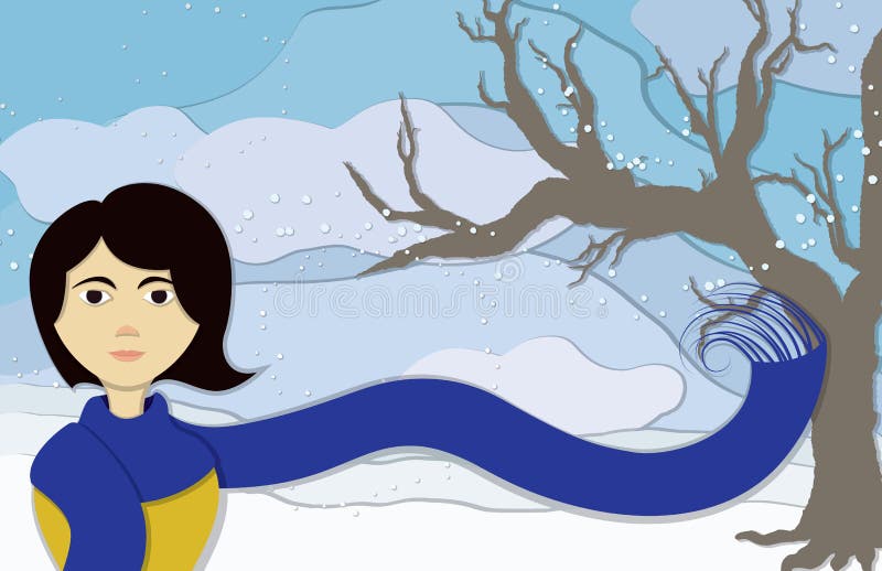 A lady wearing an long blue scarf blowing in the frosty winter wind along with snowflakes and a bare tree to the side in this cup-paper style illustration. A lady wearing an long blue scarf blowing in the frosty winter wind along with snowflakes and a bare tree to the side in this cup-paper style illustration.