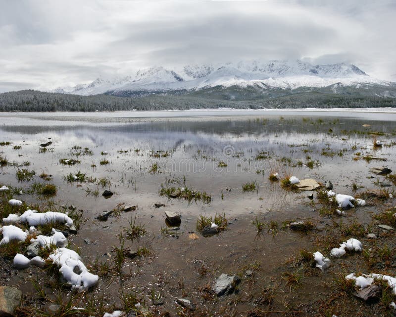 Winter lake and mountains.