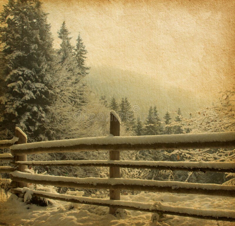 Retro image of winter landscape in the carpathians mountains. vintage paper .