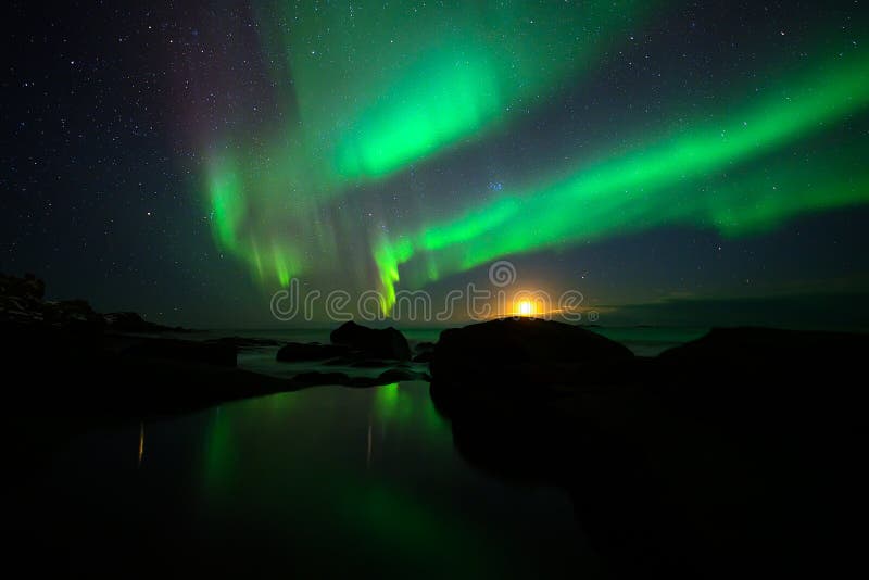 Winter landscape with Aurora Borealis in Lofoten archipelago , Norway northern lights. Winter landscape with Aurora Borealis in Lofoten archipelago , Norway northern lights.