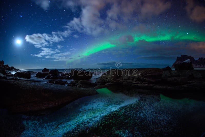 Winter landscape with Aurora Borealis in Lofoten archipelago , Norway northern lights. Winter landscape with Aurora Borealis in Lofoten archipelago , Norway northern lights.