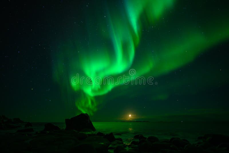 Winter Landscape With Aurora Borealis And Full Moon In Lofoten Archipelago Norway Northern Light S Stock Image Image Of Myrland Leknes