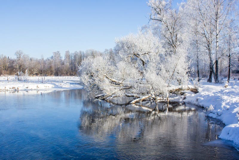 Winter landscape in clear weather. Morning bright sun. Snow plays shine. Frosty Snow Park