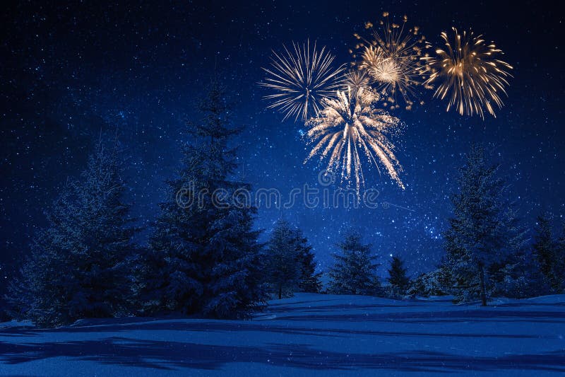 Winter landscape with holiday New Year fireworks