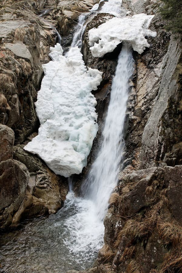 Winter landscape of Lolaia Waterfall in Retezat National Park, Romania