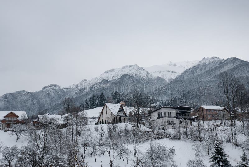 Winter landscape. Mountain village in the Bran,Romanian Carpathians royalty free stock photo Winter landscape. Mountain village in the Bran,Romanian Carpathians royalty free stock photo