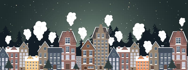 Winter landscape. New Year poster. Winter in village. Graphic, houses.