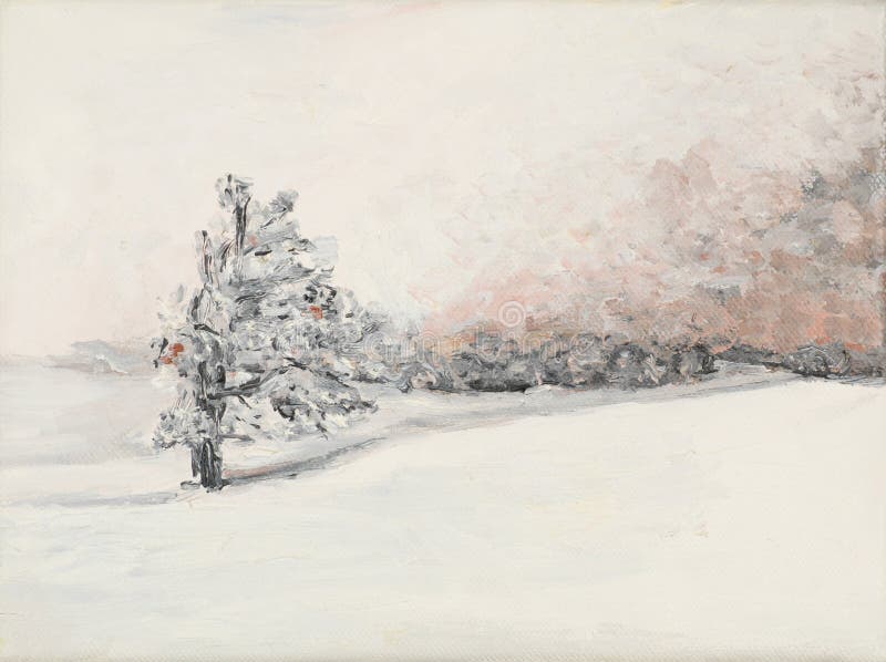 Pittura ad olio illustrando un solitario albero coperto di neve in una giornata invernale.