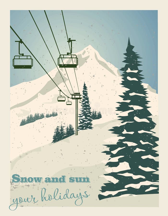 Winter landscape with ropeway station and ski cable cars. Snowy country scene vector illustration. Ski resort concept. For websites, wallpapers, posters or banners