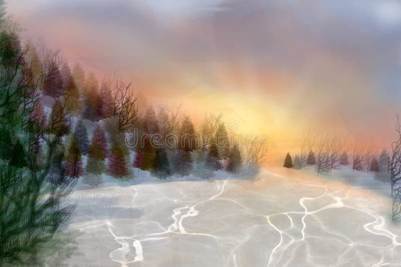 Illustration winter forest, frozen river, Christmas trees and sunrise,greeting card with winter and new year. Illustration winter forest, frozen river, Christmas trees and sunrise,greeting card with winter and new year.