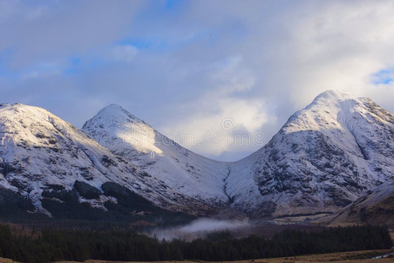 Winter landscape of Scottish nature with Glencoe mountains at Glen Etive