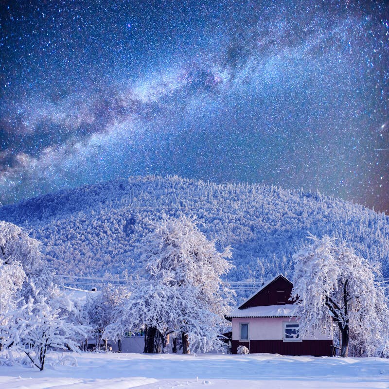 Winter landscape with snow in mountains Carpathians, Ukraine.Starry Sky stock image Winter landscape with snow in mountains Carpathians, Ukraine.Starry Sky stock image