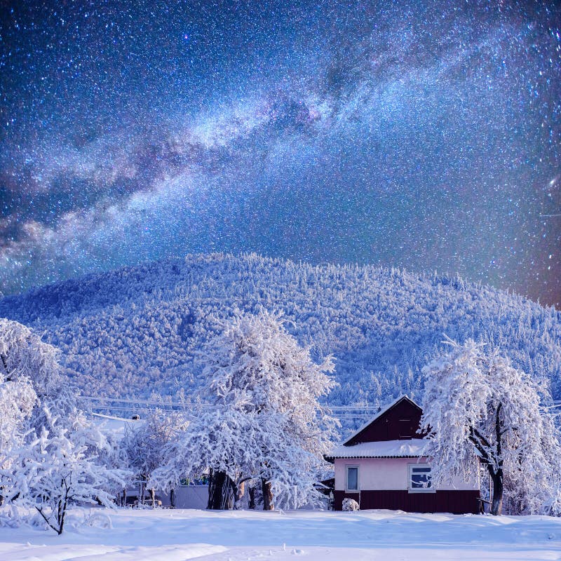 Winter landscape with snow in mountains Carpathians, Ukraine.Starry Sky.