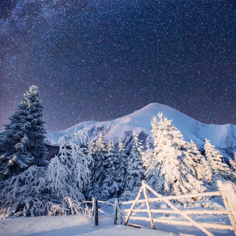 Winter landscape with snow in mountains Carpathians, Ukraine.Starry Sky.