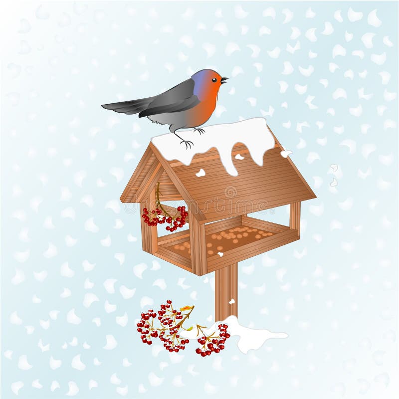 Winter landscape  with snow and robin bird with feeder christmas theme natural background vintage vector illustration editable han