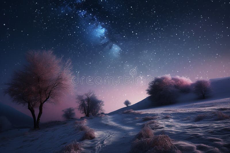 Winter landscape with starry sky and milky way. 3d rendering generative ai stock illustration