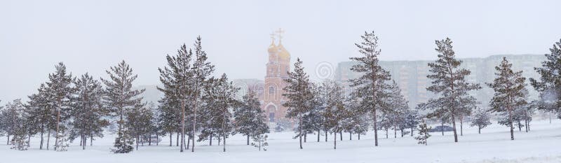 Winter landscape with the town church