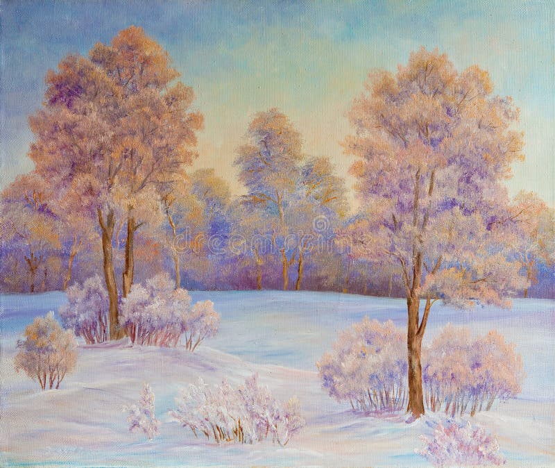 Winter landscape with trees in the snow on a canvas. Original oil painting. Author s painting.