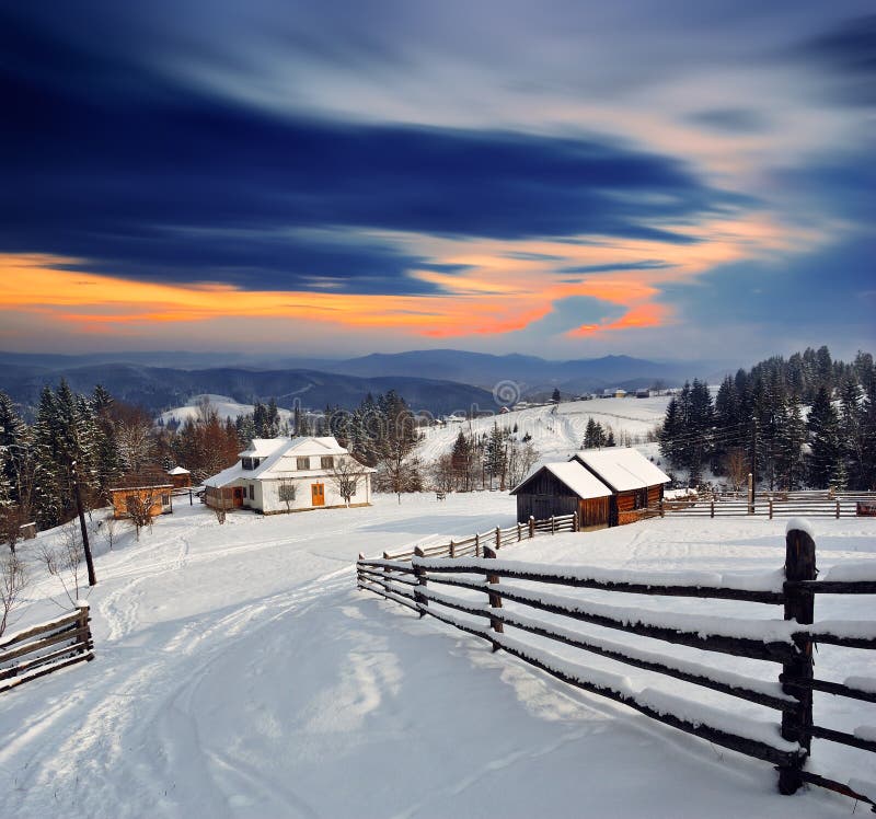 Winter landscape in the village.