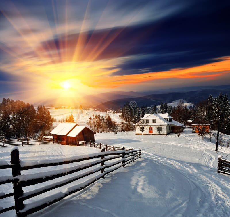 Winter landscape in the village.