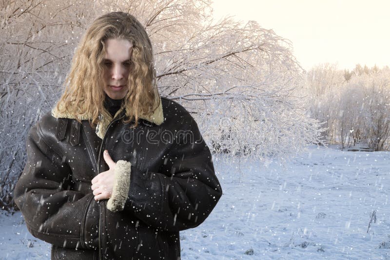Winter leather jacket made of natural fur. Sale of winter jackets stock photography