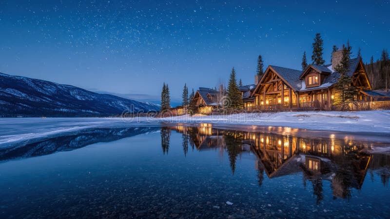 Winter Lodge With Chimney Smoke and Starry Sky Reflecting on Icy Water in Serene Nature Setting stock photo