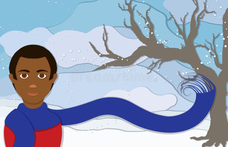 A man wearing an long blue scarf blowing in the frosty winter wind along with snowflakes and a bare tree to the side in this cup-paper style illustration. A man wearing an long blue scarf blowing in the frosty winter wind along with snowflakes and a bare tree to the side in this cup-paper style illustration.