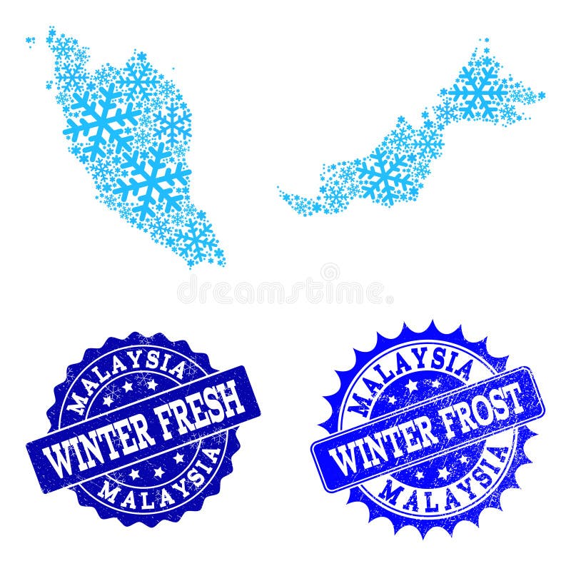 Winter Map of Malaysia and Winter Fresh and Frost Grunge Stamps vector illustration Winter Map of Malaysia and Winter Fresh and Frost Grunge Stamps vector illustration