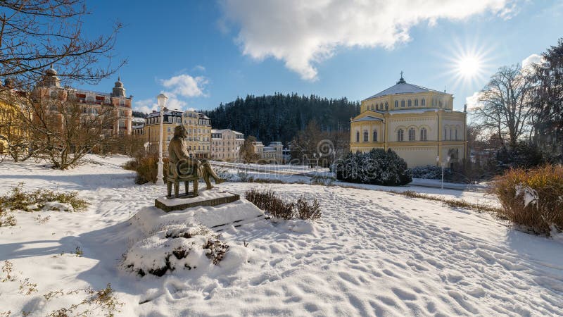 Winter in Marianske Lazne (Marienbad) - Goethe Square under snow